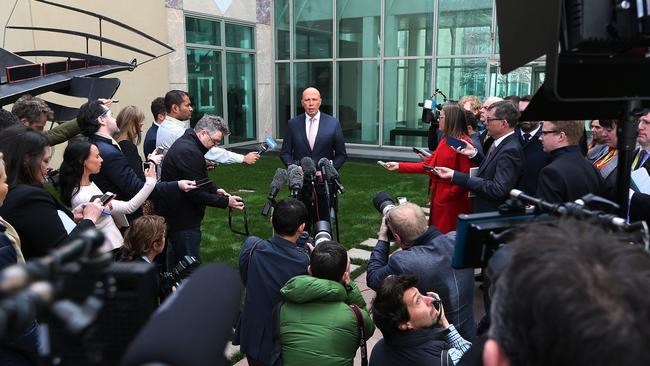 Mr Dutton holds a press conference at Parliament House in Canberra on Tuesday. Picture: Kym Smith