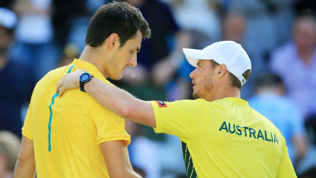 Bernard Tomic and Lleyton Hewitt during a Davis Cup tie in 2016. Picture: Mark Evans