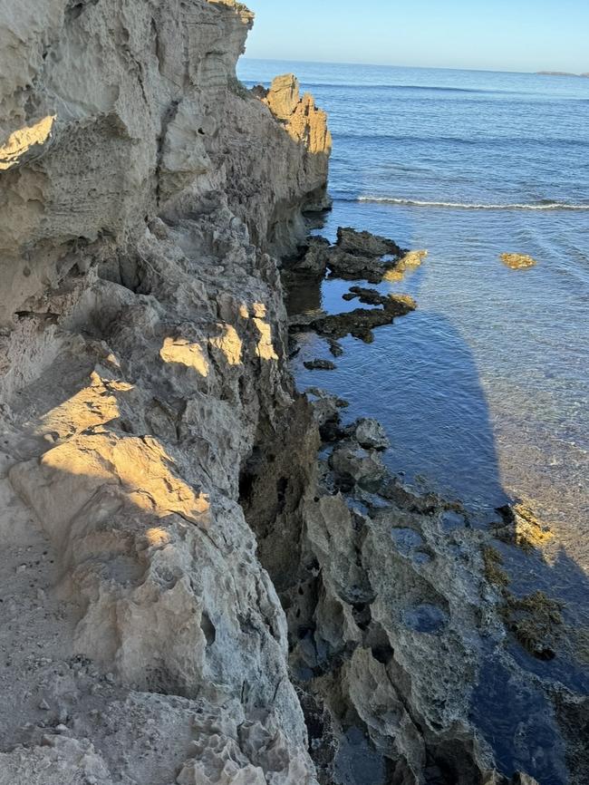 The cliffs that Murray Adams climbed after he was attacked by a shark. Picture: Troy Outtram