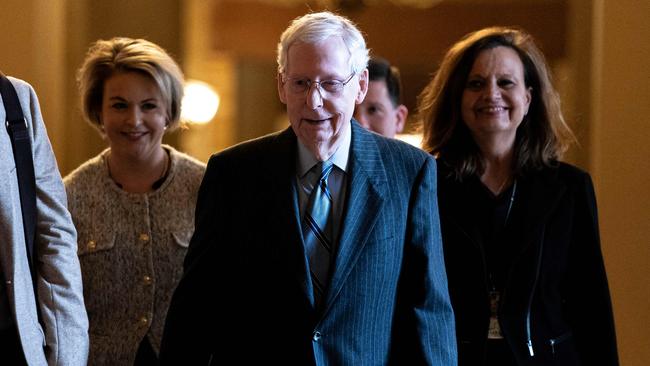 Mitch McConnell walks into the Senate chamber before announcing his plan to step down. Picture: Getty Images via AFP.