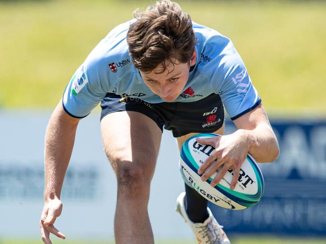 29/10/23. News Local, Sport.Sylvania Waters, NSW, Australia.U 16Ãs Rugby.Action pics from the NSW v Western Force under 16Ãs game at Forshaw Park in Sylvania Waters.TRYPic shows NSW player Tom Hartman scoresPicture: Julian Andrews