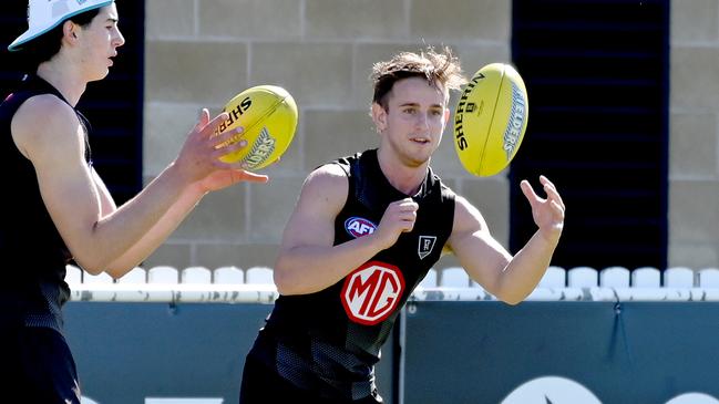 Jackson Mead hits the track for pre-season training at Alberton Oval. Picture: Naomi Jellicoe