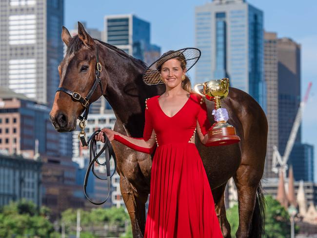 Michelle Payne with the Melbourne Cup. Picture: Jason Edwards