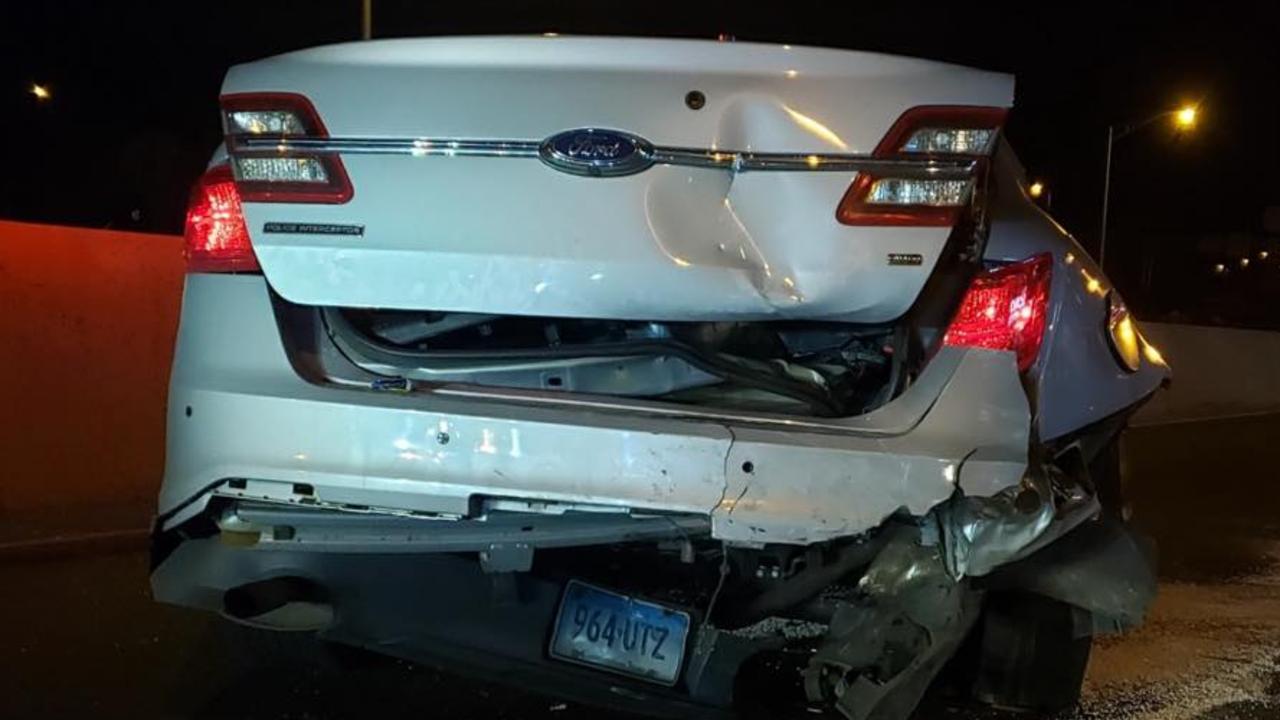 The Police car suffered extensive damage. Picture: Connecticut Police Facebook page.