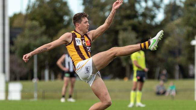 Fergus Greene knocks over a goal for Box Hill Hawks. Pic: Kadek Thatcher