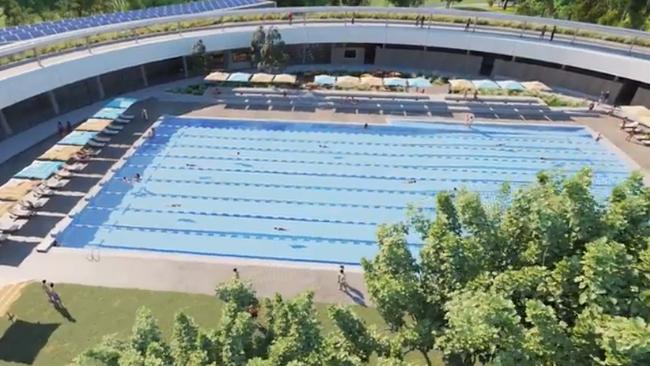 The outdoor, 10-lane swimming pool.