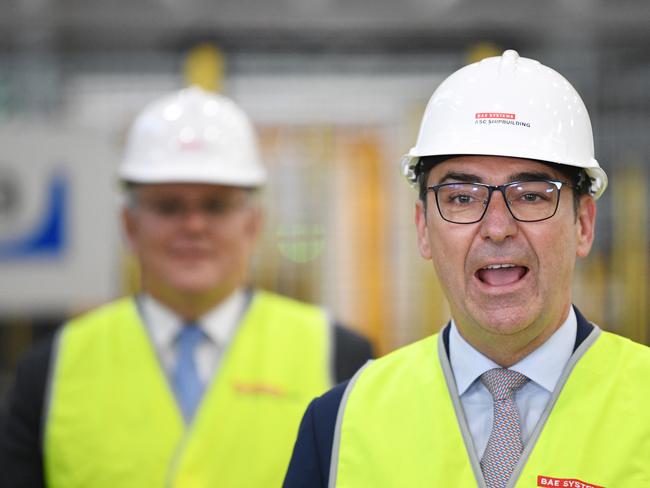 ADELAIDE, AUSTRALIA - NewsWire Photos September 26, 2020: Prime Minister Scott Morrison is seen with South Australian Premier Steven Marshall during a visit to Osborne Naval Shipyards in Adelaide. Picture: NCA NewsWire / David Mariuz. Pool