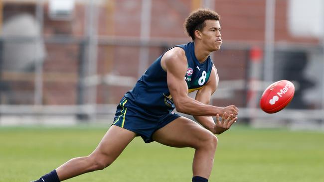 MELBOURNE, AUSTRALIA - APRIL 27: Leonardo Lombard of the AFL Academy in action during the 2024 AFL Academy match between the Marsh AFL National Academy Boys and Footscray Bulldogs at Whitten Oval on April 27, 2024 in Melbourne, Australia. (Photo by Michael Willson/AFL Photos via Getty Images)