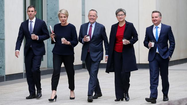 Shadow Minister for Finance Jim Chalmers, Deputy Leader of the Opposition Tanya Plibersek, Leader of the Opposition Bill Shorten, Shadow Minister for Foreign Affairs Penny Wong and Shadow Treasurer Chris Bowen at Parliament House in Canberra. Picture Kym Smith