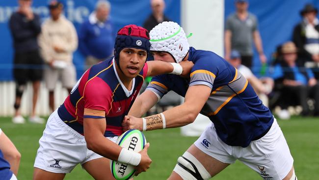 Action from the GPS rugby round 1 match between Churchie and Brisbane State High. Pictured is BrisbaneÃ&#149;s Tauave Leofa. Picture: Tertius Pickard