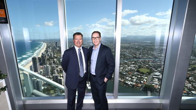 BPS Technology CEO Iain Dunstan and George Lawson from Alipay. The companies have teamed up to launch Alipay on the Gold Coast. Picture: Glenn Hampson