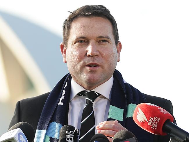 SYDNEY, AUSTRALIA - JUNE 26: Football Federation Australia Chief Executive Officer James Johnson speaks to the media during a media opportunity following the successful bid for Australia & New Zealand to host the 2023 FIFA Women's World Cup, at Hickson Road Reserve, The Rocks on June 26, 2020 in Sydney, Australia. (Photo by Mark Metcalfe/Getty Images)