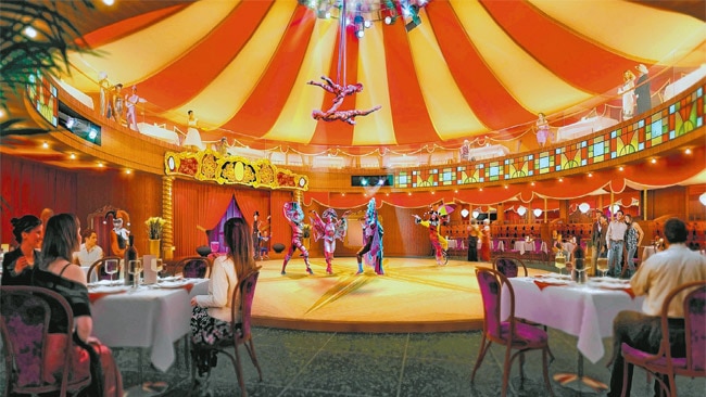 The Norwegian Epic features its very own Spiegeltent, complete with circus tricks and dining areas. Picture: Supplied