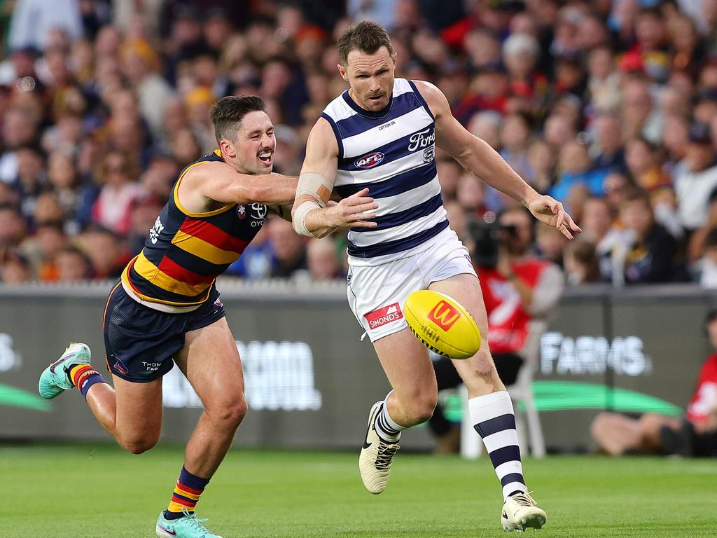 Patrick Dangerfield injured his hamstring late in the Cats win over Adelaide. Picture: Sarah Reed/AFL Photos via Getty Images