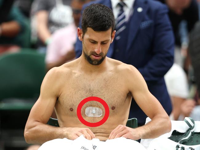 LONDON, ENGLAND - JULY 14: Novak Djokovic of Serbia during a break between sets in the Men's Singles Semi Finals against Jannik Sinner of Italy on day twelve of The Championships Wimbledon 2023 at All England Lawn Tennis and Croquet Club on July 14, 2023 in London, England. (Photo by Julian Finney/Getty Images)