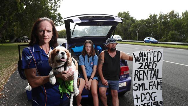 Last year Lee Maynard, her partner Tommy Vucetit and their daughter Claudia Vucetic, 13, found themselves homeless with their dog Sparticus after they moved out from their rental of seven years and their landlord refused to give them a reference. They were finding it extremely difficult to find a rental property with a pet and no reference. Picture: Brendan Radke