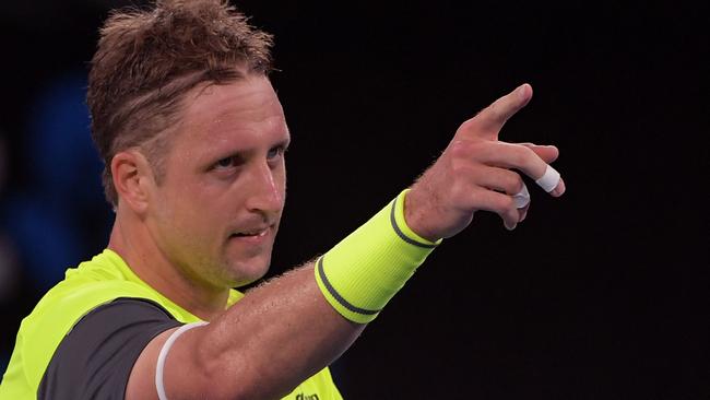 Tennys Sandgren thanks members of the crowd for their support. Picture: AAP Images