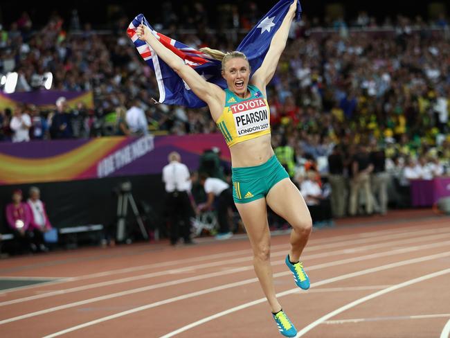 Sally Pearson celebrates winning gold at the 16th IAAF World Athletics Championships in London. Picture: Patrick Smith/Getty Images