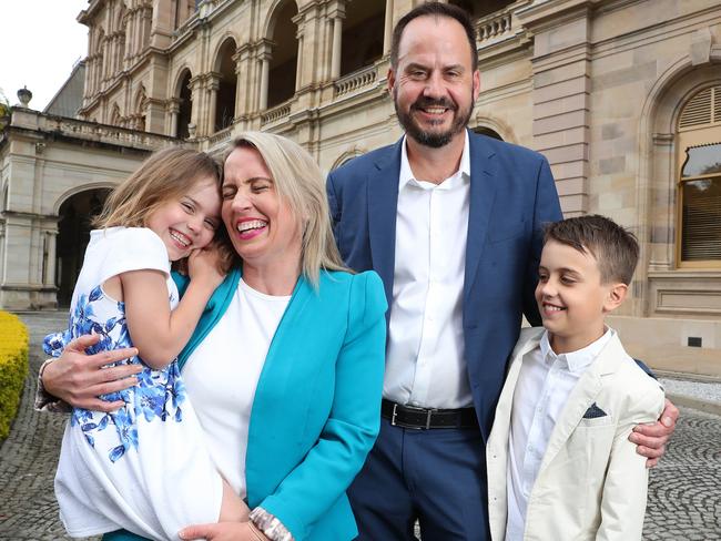 Retiring minister Kate Jones outside Parliament House with husband Paul Cronin, son Thomas and daughter Grace. Picture: Liam Kidston