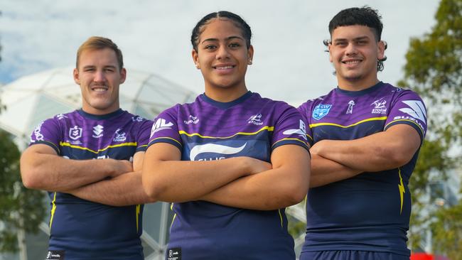 Alec MacDonald (NRL squad, position Lock) Harmony Taupau (Women’s squad), and Stanley Huen (U21) will all be suiting up to play in Melbourne Storm’s triple header this weekend. Picture: Sam Hayes, Melbourne Storm