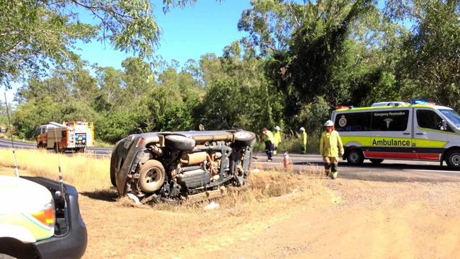 A vehicle rolled into a ditch after it and another car collided on the Bruce Hwy at Chatworth this morning. Picture: Jacob Carson