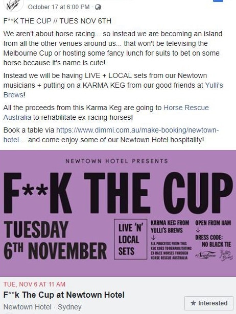 The Newtown Hotel is running an anti-Melbourne Cup function.