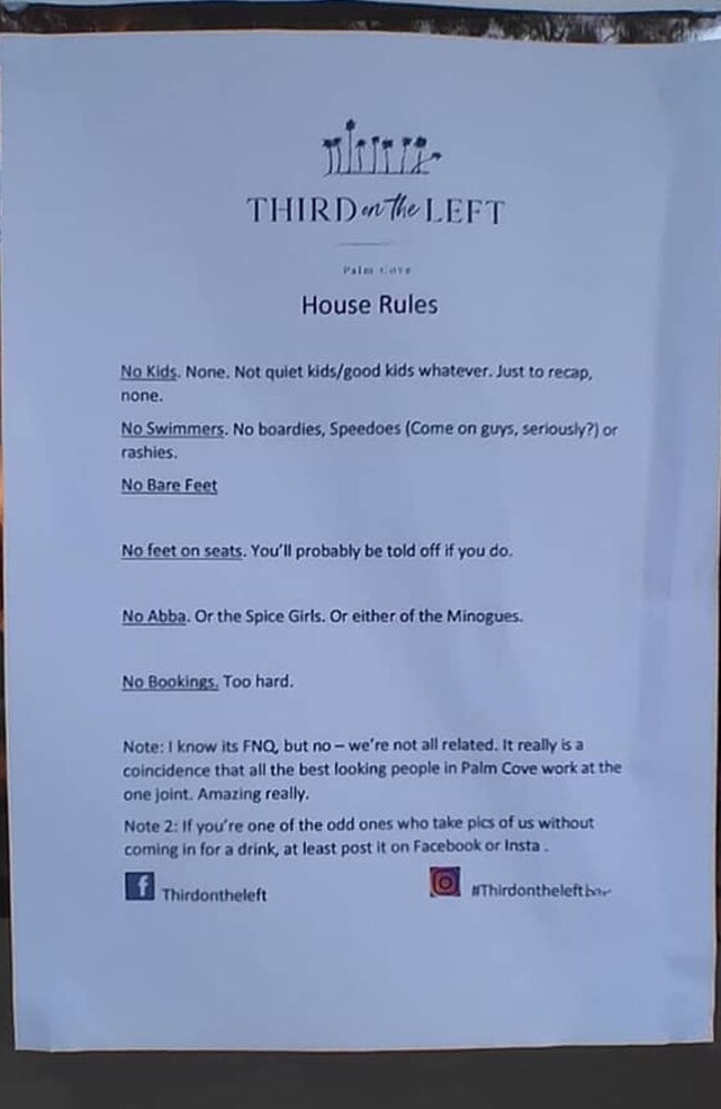 The five key house rules of Third on the Left wine bar at Palm Cove are posted on the door. Picture: Facebook