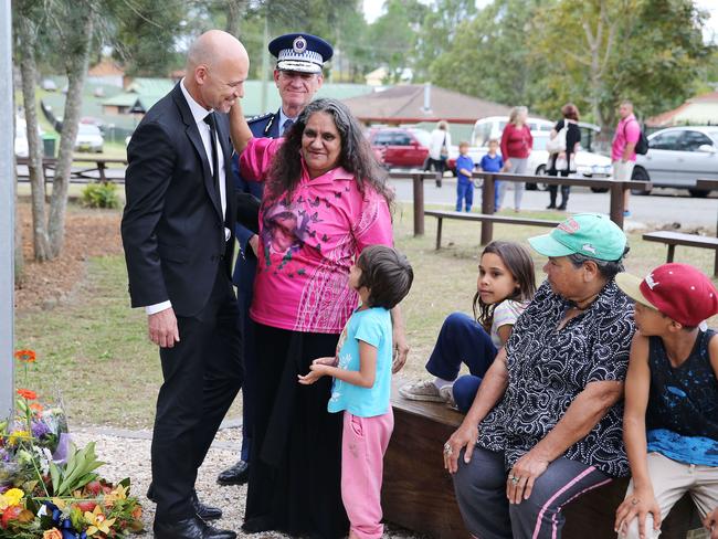 Former detective chief inspector Gary Jubelin hugs Rebecca Stadham, mother of four-year-old Evelyn, who was murdered in Bowraville, at a ceremony with the families of the three children murdered. Picture: The Australian