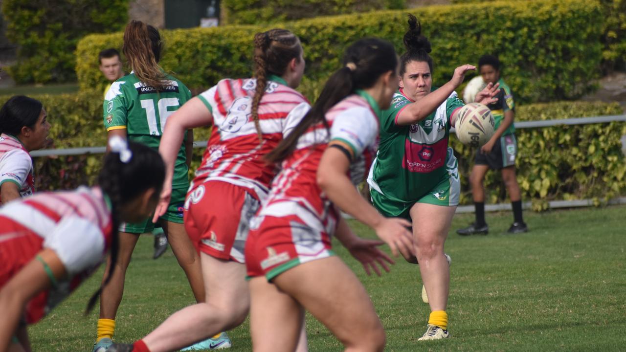 Fitzroy/Gracemere skipper Sharni Upton fires a pass away during her team's qualifying semi-final win over minor premiers Emu Park. Photo: Pam McKay