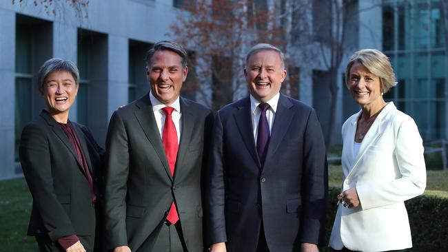 Labor Senate Leader Penny Wong, Deputy Opposition Leader Richard Marles, Opposition Leader Anthony Albanese and Labor's Deputy Leader in the Senate Kristina Keneally at Parliament House House in Canberra. Picture Kym Smith