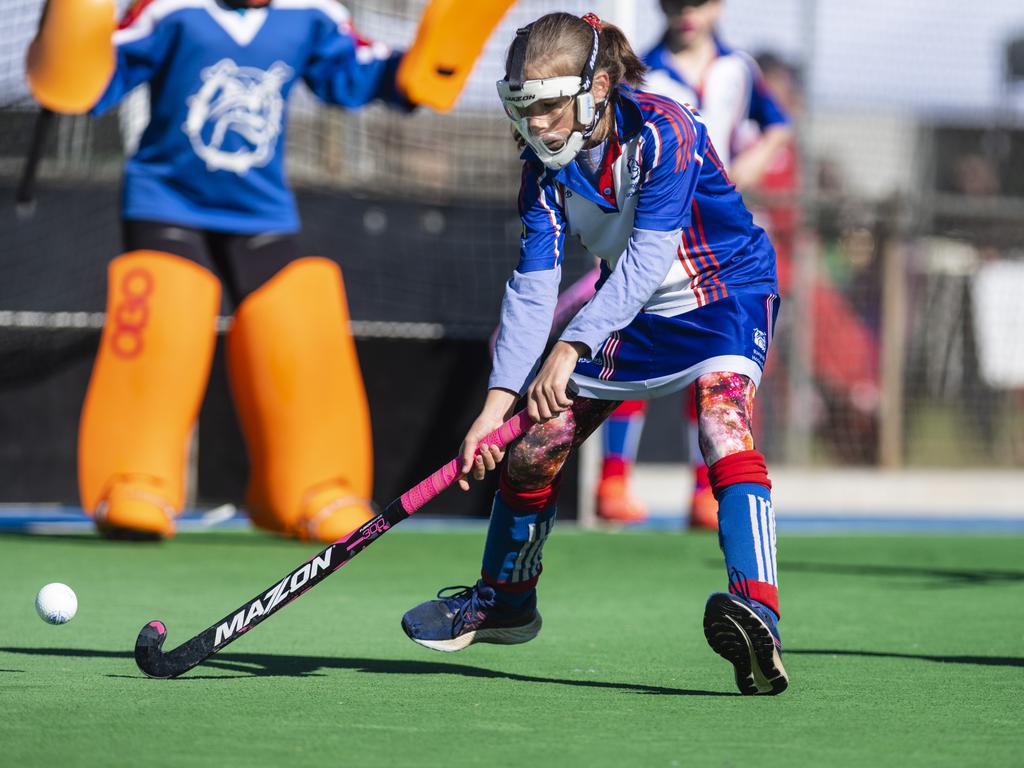 Makaylah Hawken of Rangeville against Past High in under-11 girls Presidents Cup hockey at Clyde Park, Saturday, May 27, 2023. Picture: Kevin Farmer