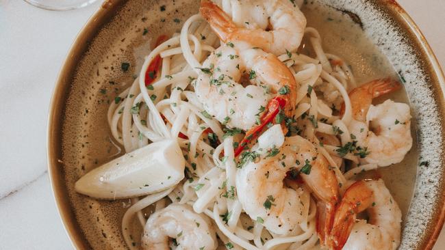 Spaghetti aglio e olio with prawns. Picture: Supplied.