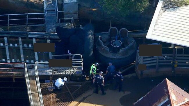 Police at the scene of the Dreamworld fatal accident. Photo: David Clark