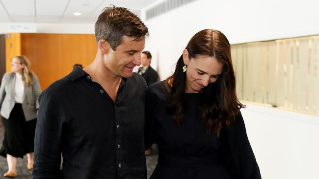 Jacinda Ardern and partner Clarke Gayford after she announced her resignation. Picture: Getty Images