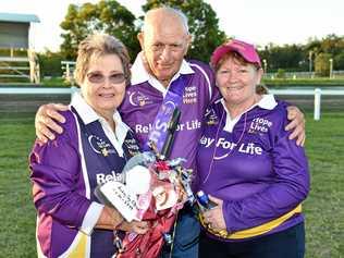 Gloria Pearson and Robyn Wallace from Maryborough with North Burnett's Ray Hutchinson who travelled to the Maryborough Relay for Life to participate for more than a decade. Picture: Alistair Brightman