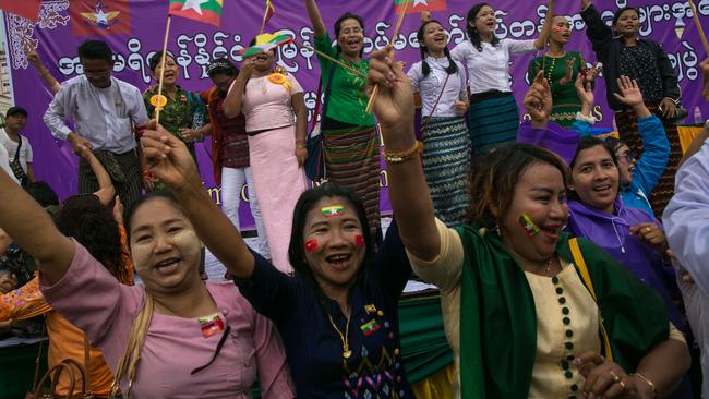 A protest against the US, which banned military chief Min Aung Hlaing, from entering the US, in Yangon last week. Picture: AFP