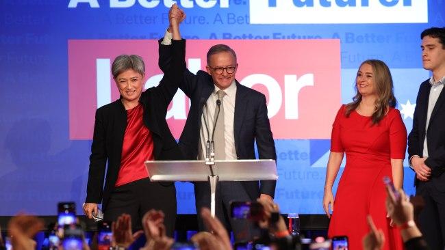 Federal Labor leader Anthony Albanese claims victory. Picture: Sam Ruttyn