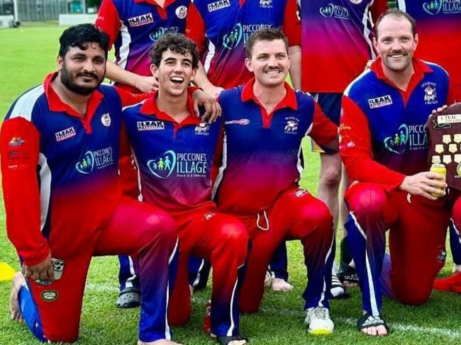 Kobi Johnston celebrating CFN first grade premiership with Mulgrave teammates. Vicky Lefty, Kobi Johnston, Will Robertson and Jake Roach (l-r). Cricket Far North. 2024. Credit: Gyan-Reece Rocha