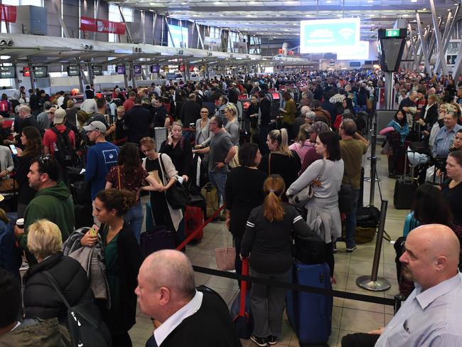 Huge queues at Sydney Airport’s T2 domestic terminal this morning. Picture: AAP