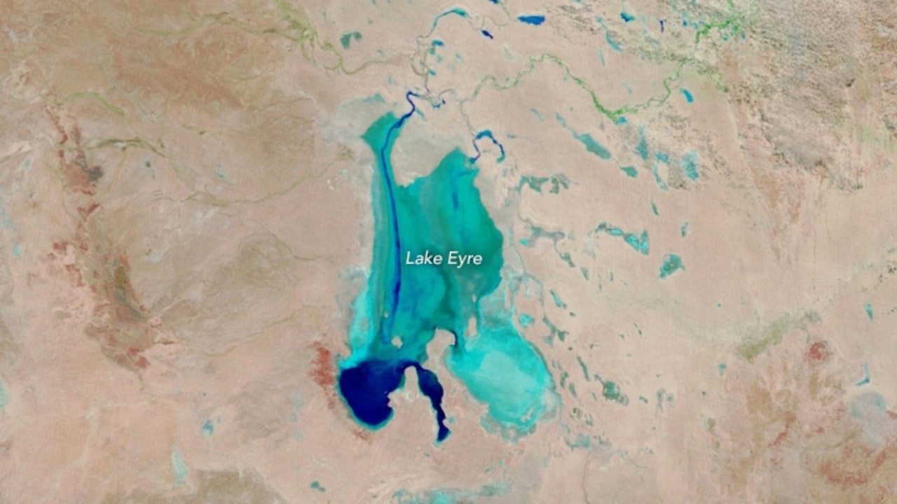 Lake Eyre full after huge inflow of water as seen from above and space
