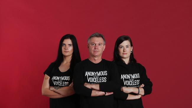 Unmasked: members of Anonymous for the Voiceless, Celine Franklin, Darryl Prout and Jemma Lee. 