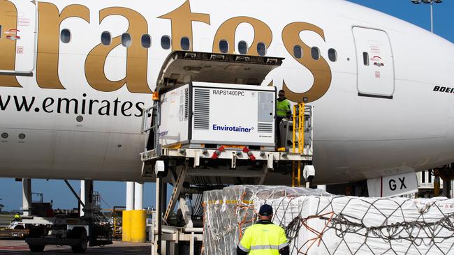 A container holding the AstraZeneca vaccine arrives at Sydney International airport on Sunday. Picture: Getty Images