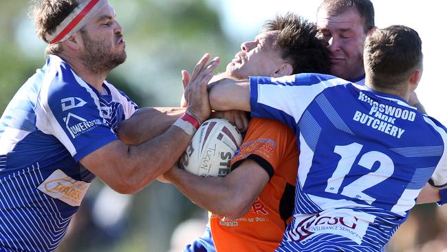 Tugun Seahawks (blue) vs. Southport Tigers at Tugun. Reserve Grade. Classie Oti tackled high. Number 12, Manny Bartlett got 10 in the bin for his efforts. 6 June 2021 Tugun Picture by Richard Gosling