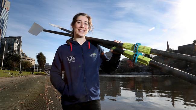 Olympic rower Fiona Albert at the Yarra river in Melbourne this week. Picture: David Geraghty