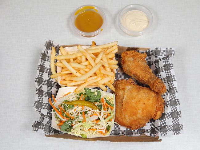 Fried chicken with sides at Juanita Peaches. Picture: Ian Currie