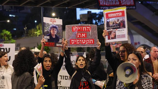 Families of Israeli hostages held by Palestinian militants in the Gaza Strip protest outside the ministry of defence in Tel Aviv. Picture; AFP.