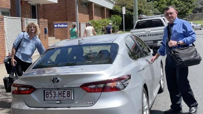 Detectives from the Queensland Police Service Ethical Standards Command leave Coolangatta station after a two hour interview with an officer suspected of leaking information to the media.