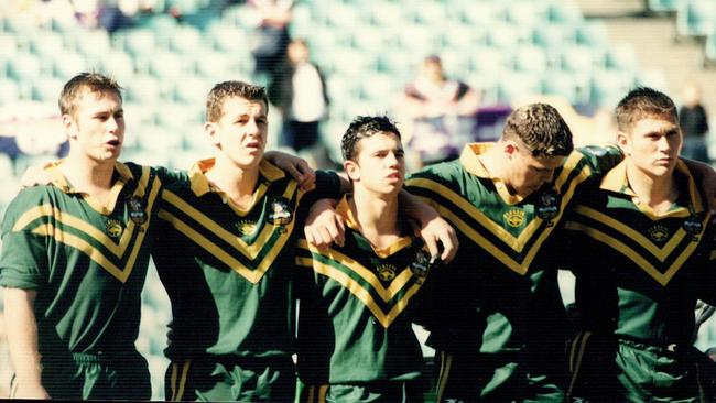 Joe Williams (centre) with Greg Bird in the Australian Schoolboys team.