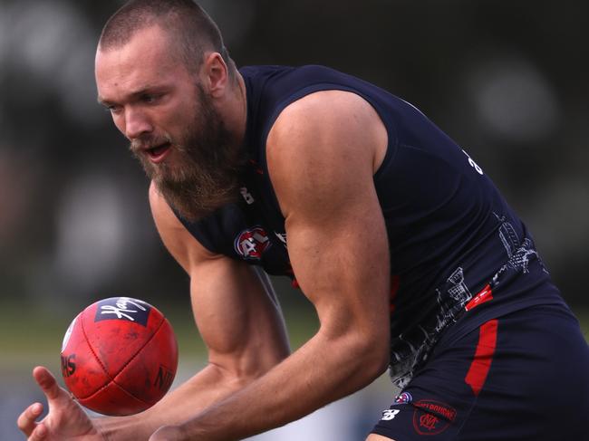 MELBOURNE, AUSTRALIA - MAY 18: Max Gawn of the Demons controls the ball during a Melbourne Demons AFL training session at Casey Fields on May 18, 2016 in Melbourne, Australia. (Photo by Robert Cianflone/Getty Images)