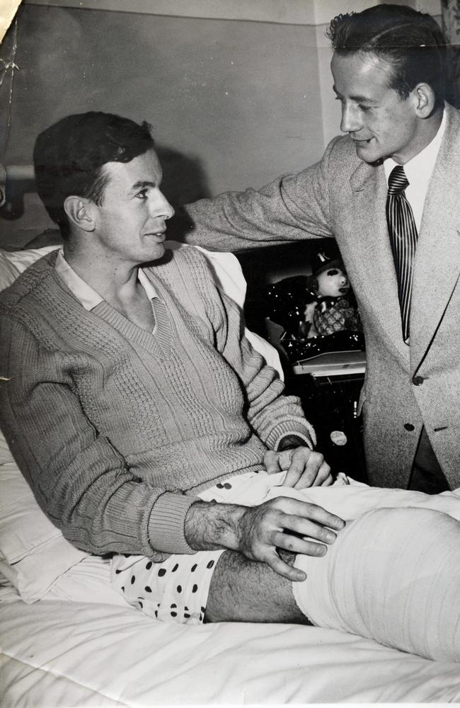 John Collins visits his good friend John Coleman in hospital after a knee operation.